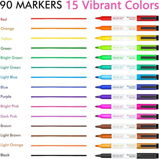 Shuttle Art Dry Erase Markers, 90 Bulk Pack 15 Colors Magnetic Whiteboard Markers with Erase, Fine Point Dry Erase Markers are Perfect for Writing on Whiteboard Mirrors Glass for School Office