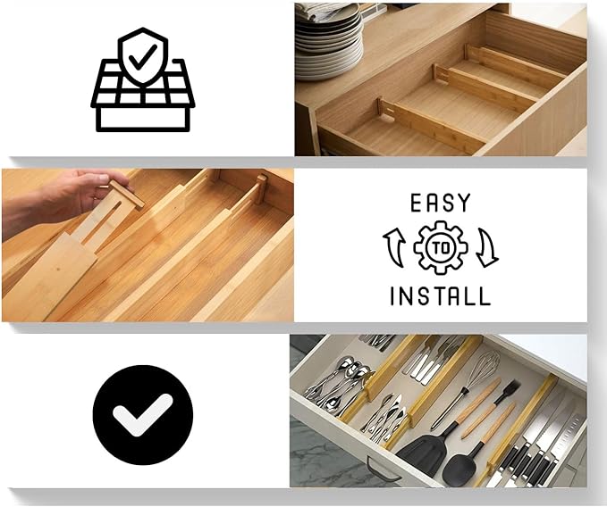 Expandable Bamboo Drawer Dividers 8 pack with labels(17"-22") Drawer Organizer for Kitchen, Clothes,Utensils,Silverware,Dresser,Office,Desk