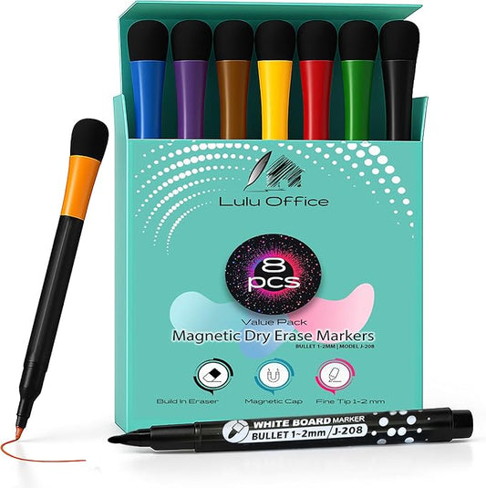 Magnetic Dry Erase Markers – 8 Color Set with 1mm Bold Tip & Built-In Erasers – Whiteboard Markers for Calendar, To-Do List, School, Office, Classroom, Home