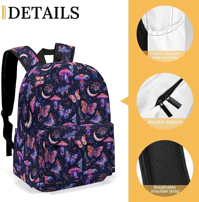 17 Inch Laptop Backpack 70s Neon Butterflies Mushroom Teen Girls Boys School Backpack Bags Travel Bookbag Back Pack Outdoor Daypack for Women Men