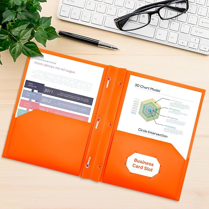 ViVin 12-Pack Sturdy Plastic Folders with Pockets and Prongs, 2 Pocket Folder with 3 Prongs, fits 8.5 * 11 Letter Size Paper, for School, Office and Home (Orange)