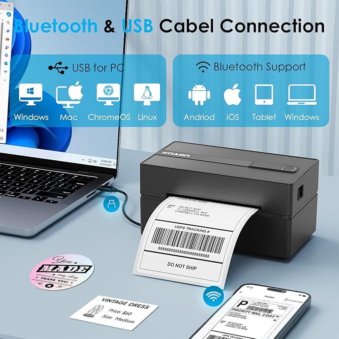 Bluetooth Thermal Label Printer, 4x6 Wireless Thermal Shipping Label Printer for Small Business, Compatible with iPhone,Android,Windows,Mac,Chromebook –Works with Ebay Shopify USPS&More, Black