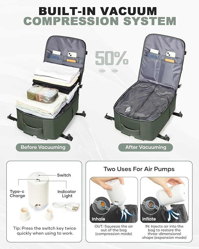 coofay Large Vacuum Backpack Travel with Pump Vacpack Travel Backpack with Vacuum System Compression Backpacks for Travel Easy Vac Pack Carry on Luggage