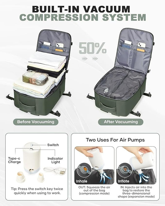 coofay Large Vacuum Backpack Travel with Pump Vacpack Travel Backpack with Vacuum System Compression Backpacks for Travel Easy Vac Pack Carry on Luggage