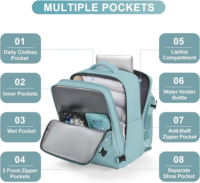 Large Travel Backpack Carry on Flight Approved Mochila De Viaje Carry on Backpack for Airplanes Spirit Airlines Personal Item Bag 18x14x8 Inches Travel Bag Traveling Backpack for Women Men Light Blue