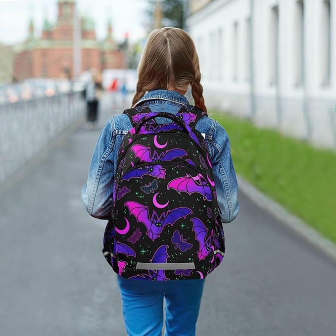 Bat Backpack for Students Boys Girls Purple Bat Gothic School Bag Travel Daypack Rucksack