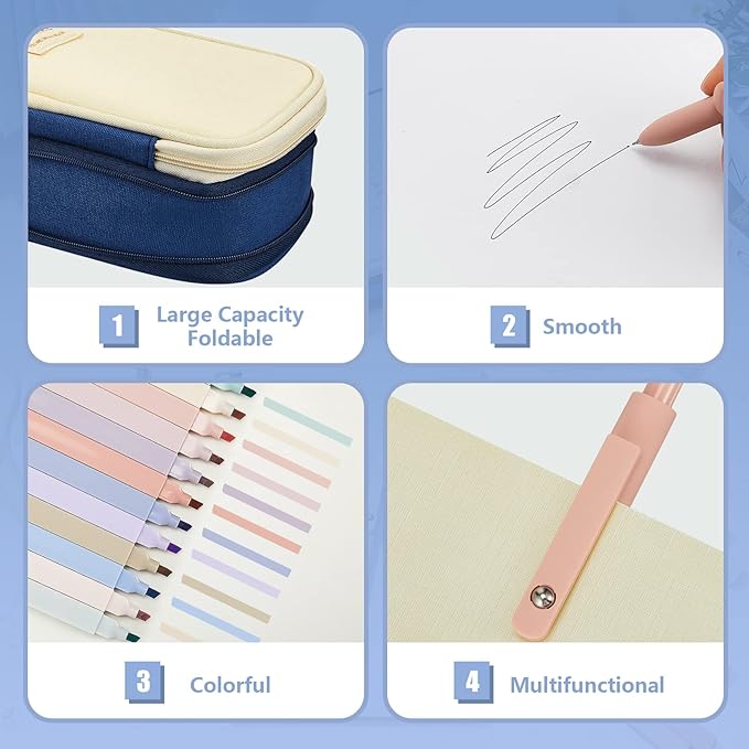 Henoyso 18 Set Aesthetic Bible Study Supplies Include Big Capacity Pen Bag with Zipper 12 Pcs Chisel Tip Bible Highlighters 5 Pcs Quick Dry Retractable Black Ink Pens for Office(Navy Blue)