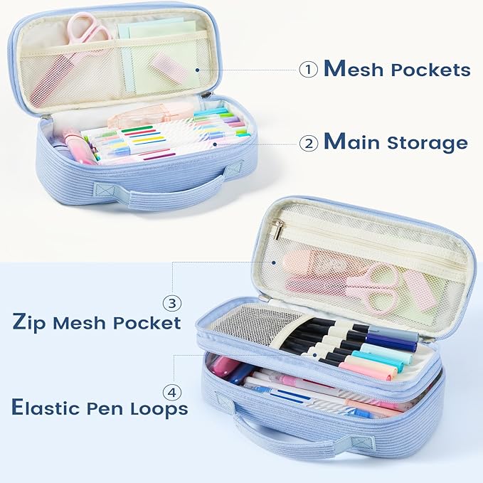 Sooez Large Pencil Case Pouch, Soft Corduroy Pencil Bag with Handle, Cute Pen Case, 5 Compartments, Wide Opening Pen Pouch Organizer with Zipper, Aesthetic School Supplies for Girls Women, Beige