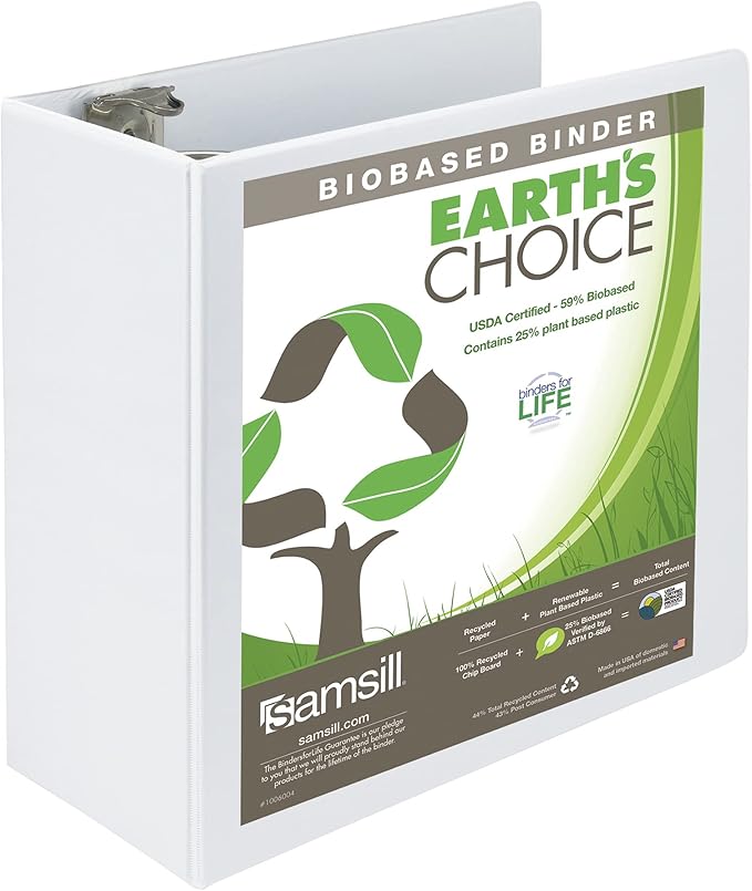 Samsill Plant-Based 5 Inch Durable D- Ring, Made in USA, View Binder, Eco-Friendly, USDA Certified Biobased, White