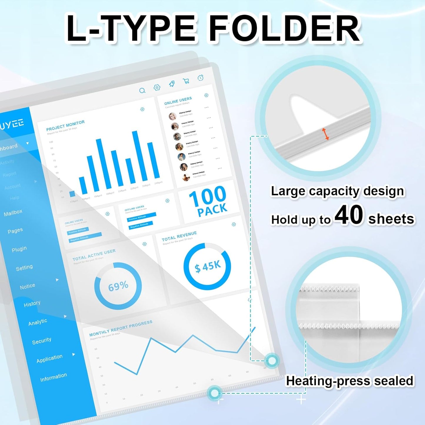HOUYEE 100 Pack Heavy Duty Clear Document Folder, L-Type Folder Plastic Paper Sleeve Copy Safe Project Pockets Fit for Letter Size Paper, for Home, Office, and School Use
