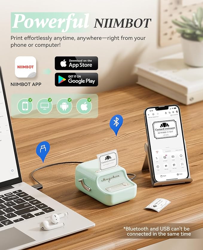 NIIMBOT B21 Label Printer,Bluetooth Thermal Label Maker,Ideal for Home Organization,Business,Ofice,50x30mm Labels,230Pcs(Mint Green)