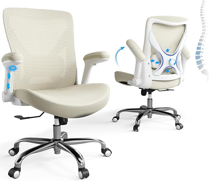 Home Office Ergonomic Chair-Computer PU Leather X-Shaped Desk Chair-Gaming Chair with Adjustable Flip-up Armrests Lumbar Support Mesh Executive Chair for Long Hours Office (Beige)