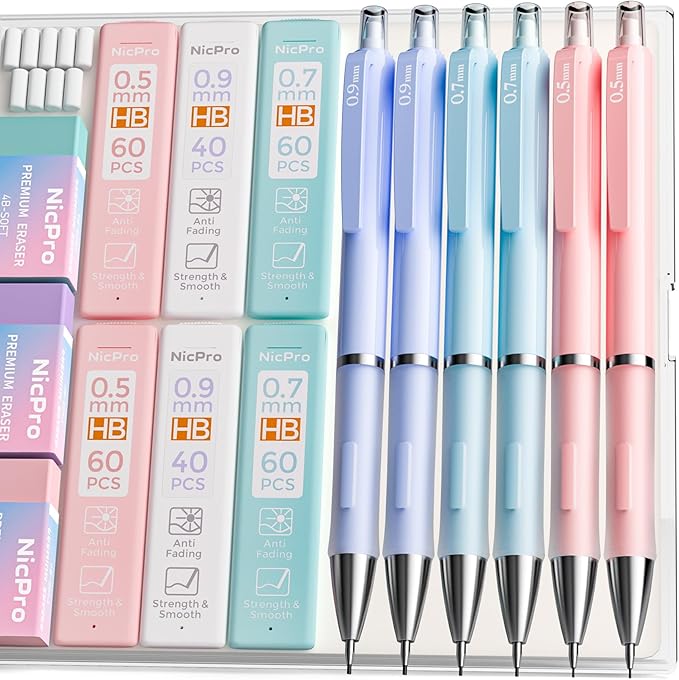 Nicpro 6PCS Pastel Mechanical Pencil Set, Cute Mechanical Pencils 0.5 mm & 0.7 mm & 0.9 mm with 360PCS HB Lead Refills, Eraser, Eraser Refill for Student Writing Drawing Sketching Drafting with Case