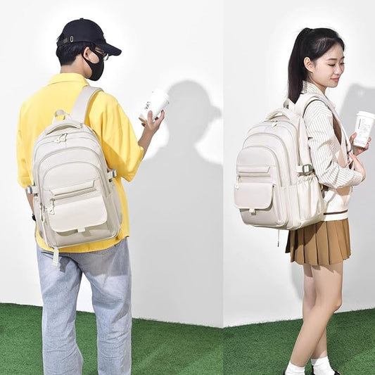 Backpack for Girls Teens, Solid-Color School Backpack for Boys Kids, Aesthetic Bookbag for Middle & High School Travel Daypack,Beige