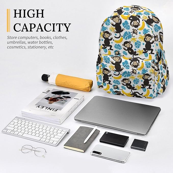 17 Inch Laptop Backpack Monkey Banana Palm Tree Leaves Teen Girls Boys School Backpack Bags Travel Bookbag Back Pack Outdoor Daypack for Women Men