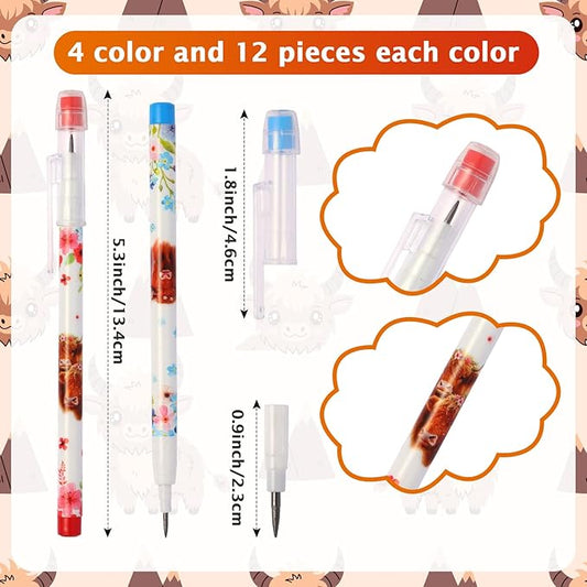 Kolewo4ever 48pcs HB Highland Cow Pencils Kawaii Cute Multipoint Pencil Push Translucent Non Sharpening Stackable Pencils Pop Up Plastic Pencil for Classroom Rewards Carnival Prizes