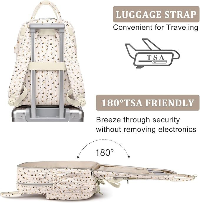 School Backpack for Girls Laptop Bookbag: Casual Corduroy Women Backpacks with USB Charging Port TSA Friendly Travel Back Pack with Anti-Theft Pockets Cute College Daypack for Teen Students Flowers