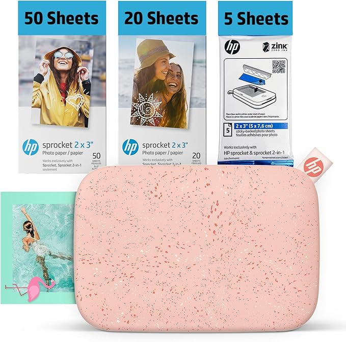 HP Sprocket 2x3 Instant Smartphone Photo Printer 75 Sheets Bundle - Bluetooth Portable Color Wireless Mobile Printer (Pink) Zink Sticky-Back Photos