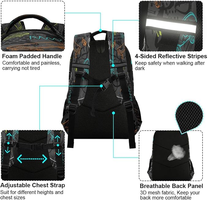 Cool Skateboards Pattern Backpack for Girls Kids Boys School Bookbags,Student Laptop Backpack Carrying Bag Casual Lightweight Travel Sports Day Packs