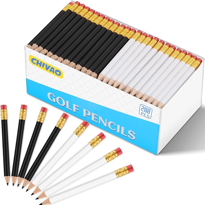 Chivao 288 Pieces Golf Mini Pencils Bulk with Eraser #2 HB Golf Short Pre Sharpened Pencils for Party Favors Office Supplies 4 Inch (Black and White)