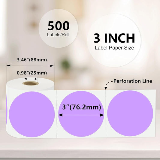 3 X 3 Inch Color Coding Dot Labels Circle Thermal Printable Waterproof 2000 Pcs Round Stickers Adhesive Writable for Office, Home, Garage, DIY Sticker, Barcodes, Name Tag, Light Purple