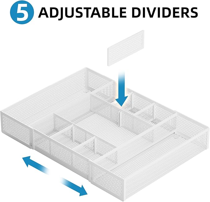 Marbrasse Expandable Desk Drawer Organizer, Mesh Drawer Organizer Tray with 10 Adjustable Compartments, Desk Organizers and Accessories, 5 Dividers Drawer for Office Supplies, Makeup & Vanity (White)