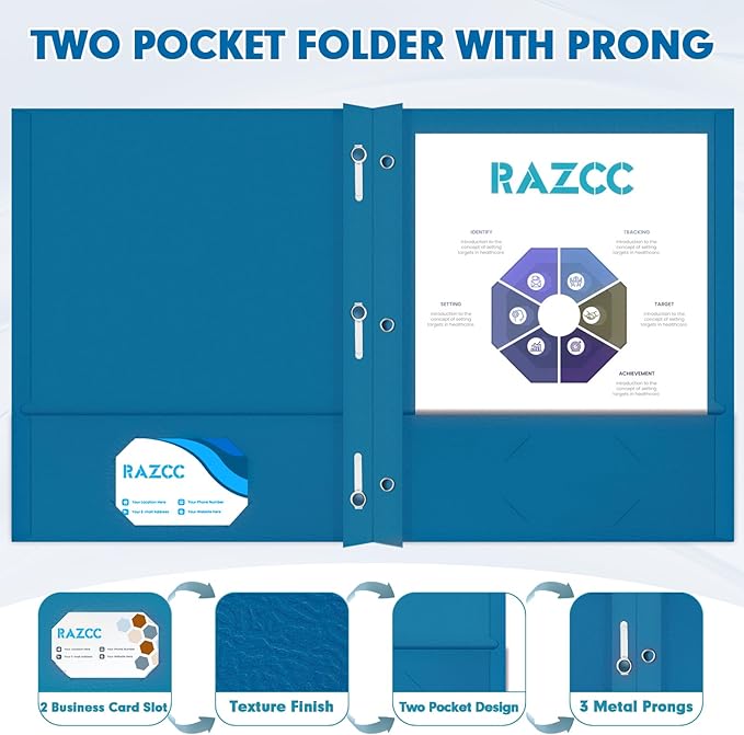 Two Pocket Folders, RAZCC 50 Pack Two Pocket Folders with Prongs, 3 Prong Folders Fit Letter Size Paper, Pocket File Folders for School Office Home Business, Dark Blue