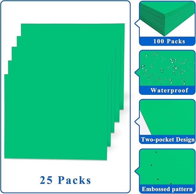 Zzrywuty 25 Packs Paper Folders with Pockets for Students,Businessmen and Office Workers,Letter Size,Two Pocket Folders with Card Slot for Office,Business,School Supplies (Green)