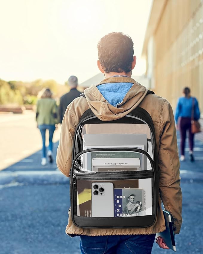 Clear Backpack, Heavy Duty Transparent Bookbag for School, Fabric & PVC Transparent Backpack with Reinforced Strap for Women Men, Capacity Clear Bag for College, Medium Black