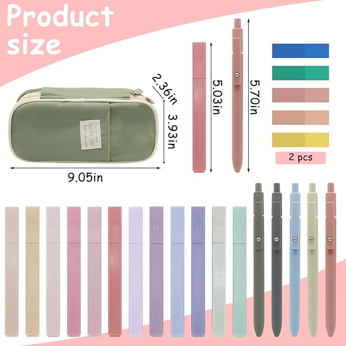20Pcs Aesthetic Stationary Set with Big Capacity Pen Case Bag 5 Quick Dry Retractable Black Ink Pens12 Colors Chisel Tip Cute Highlighters 200 Sheets Sticky Index Tabs Aesthetic School Supplies