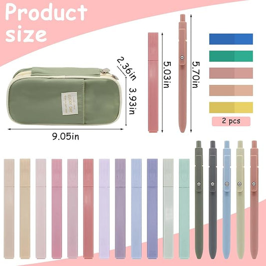 20Pcs Aesthetic Stationary Set with Big Capacity Pen Case Bag 5 Quick Dry Retractable Black Ink Pens12 Colors Chisel Tip Cute Highlighters 200 Sheets Sticky Index Tabs Aesthetic School Supplies