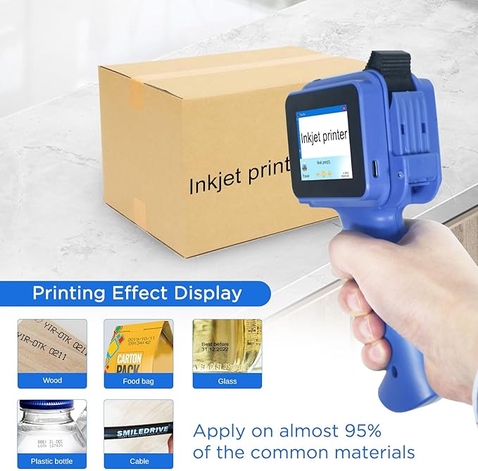 Handheld Inkjet Printer with 42ml Quick-Drying Ink Cartridge, 0.5 Inch Nozzle Ink Jet Coding Machine for EXP Date/Batch Number/QR Code/Barcode/Logo/Text (ZM-C12mini) (Blue)