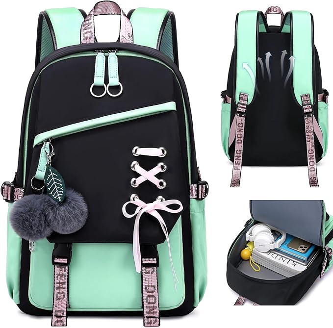 FENGDONG Teenage Girls Bookbag school Backpack Children Casual Daypack Schoolbag for Teens Green