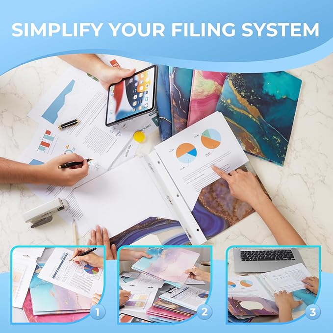 6 Pack Marble Design File Folders with Pockets - Plastic Folder with 2 Pockets & a Business Card Holder, Durable File Folders for Documents, School, Office & Home (Folder with Pockets (with Prong))