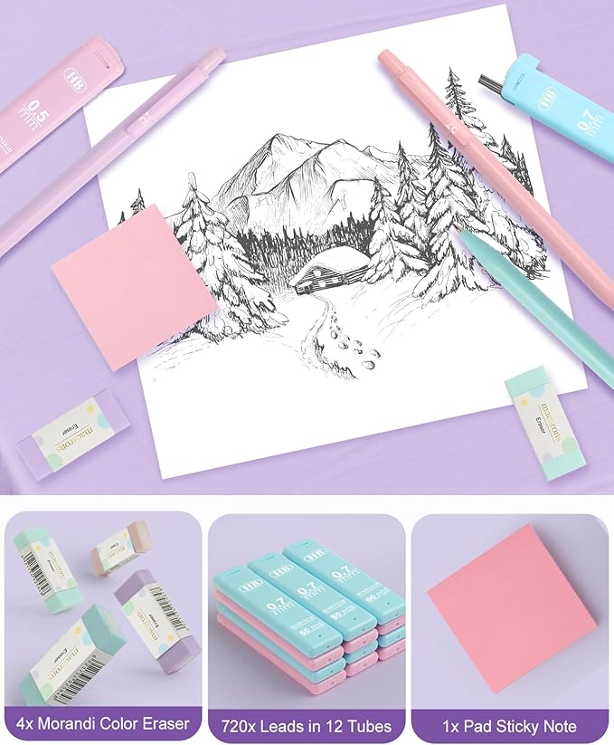 Mechanical Pencil Set with Cute Pencil Case, 12PCS Pastel Mechanical Pencils 0.5 & 0.7mm with 720PCS HB Leads, 4PCS Erasers and 1x Sticky Note, Suitable for School Writing, Drafting Drawing Sketching