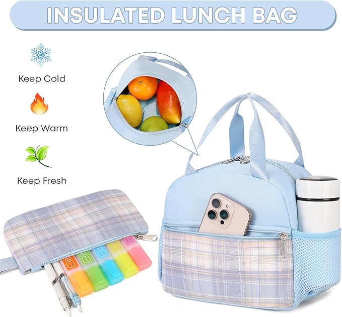 3PCS School Backpack For Student Women College Middle High Teen Girls Bookbag Waterproof Laptop Bag Plaid Blue