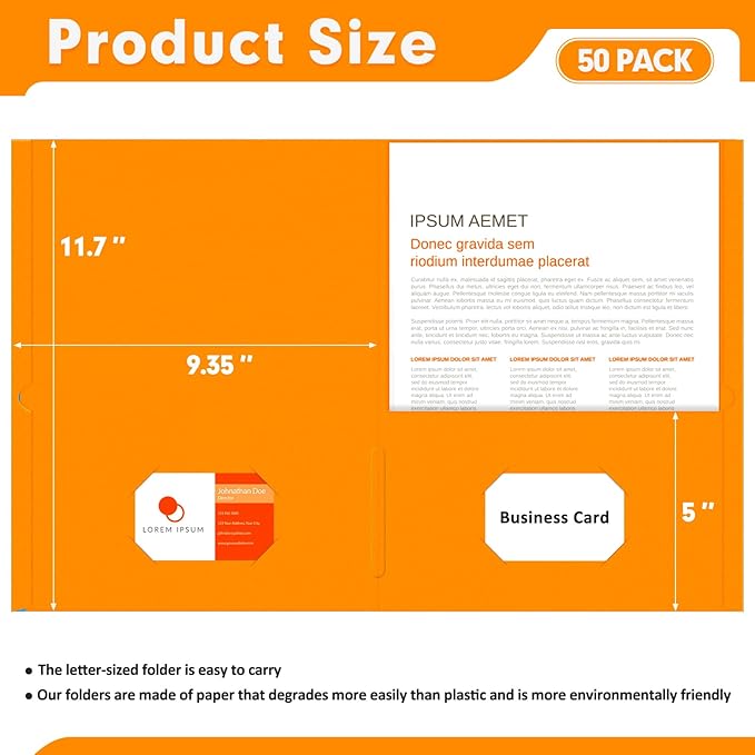 Two Pocket Folders, PANDRI 50 Pack 2 Pocket Folders, Letter Size Paper File Folder for School Office Home Business, Orange