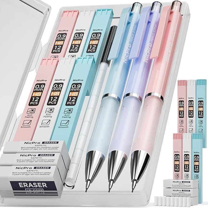 Nicpro 3PCS Pastel Mechanical Pencil Set, 0.9 Mechanical Pencil with 6 Tubes HB Lead 0.9mm, 3PCS Eraser & 9PCS Eraser Refill, Cute School Supplies for Writing, Sketching, Drafting-With Case