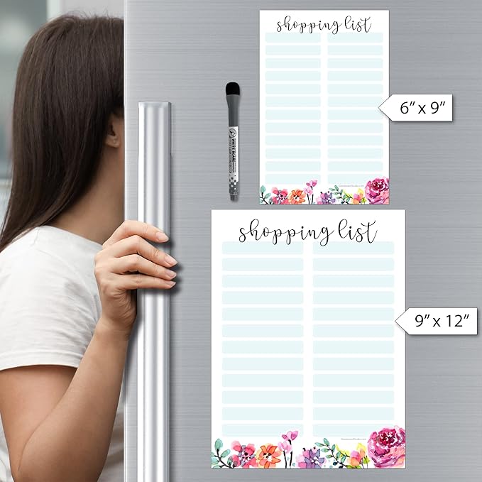 Dry Erase Shopping List Vinyl Sticker Decal Whiteboard by Glassboard Studio | Removable & Reusable | Magnetic Fine-Tip Marker Included (9 x 12 inches, Floral)