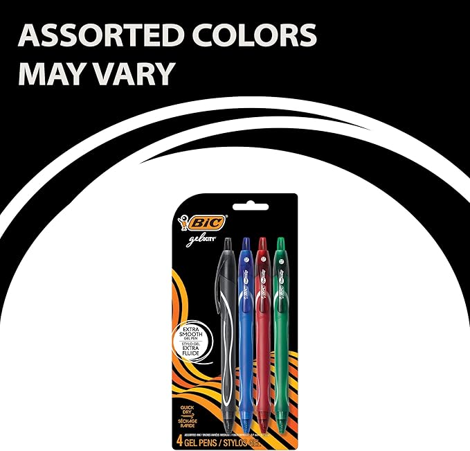 BIC Gelocity Quick Dry Assorted Colors Gel Pens, Medium Point (0.7mm), 4-Count Pack, Retractable Gel Pens With Comfortable Full Grip