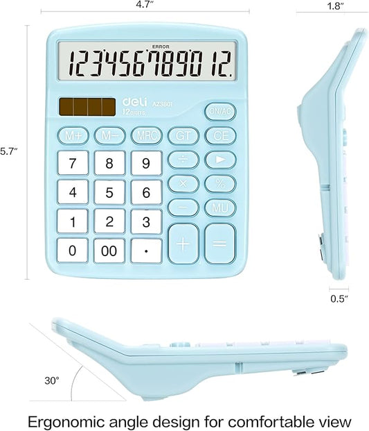 Calculator, Deli Standard Function Desktop Calculators with 12 Digit Large LCD Display and Sensitive Button, Solar Battery Dual Power Office Calculator, Blue