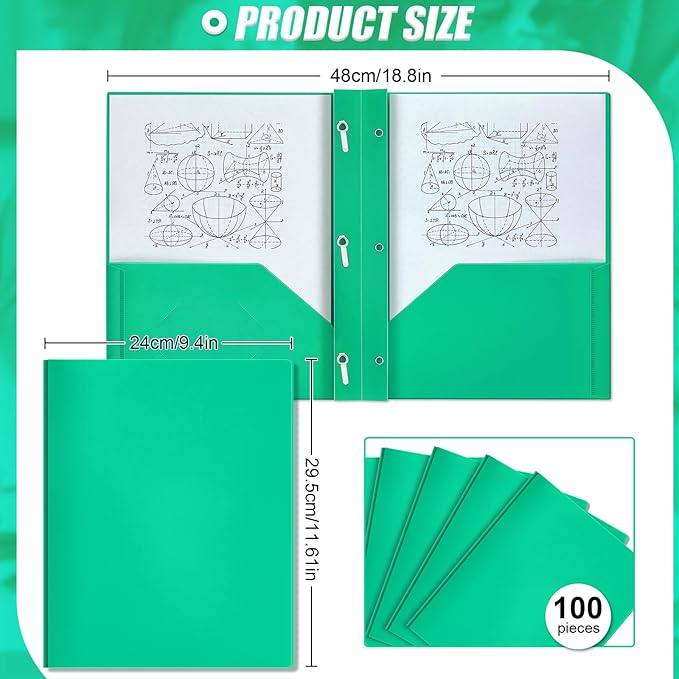 Lincia 100 Pcs Plastic Folders with Pockets and Prong Folders with Prongs 2 Pockets for Office, School for Students, Teachers, Office Workers(Green)