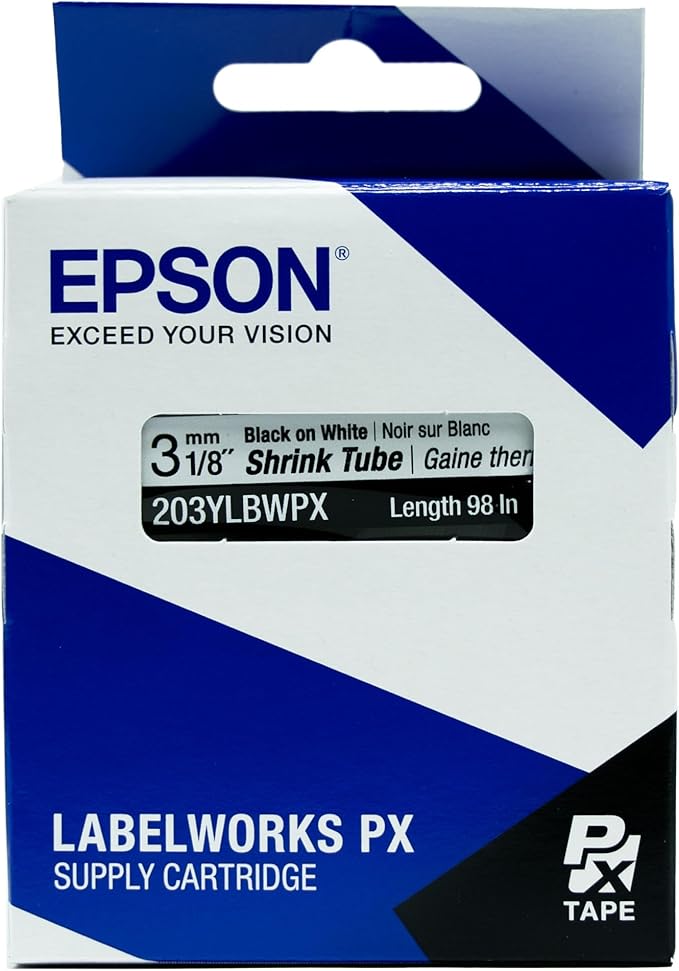 Epson LABELWORKS 203YLBWPX-5PK Genuine Tape Cartridge - 5 Unit Case Pack Black on White Shrink Tube Industrial Label Maker Tape - AWG 16-22, 1/8" (3MM) Wide, 8 ft (98") 5 Pack