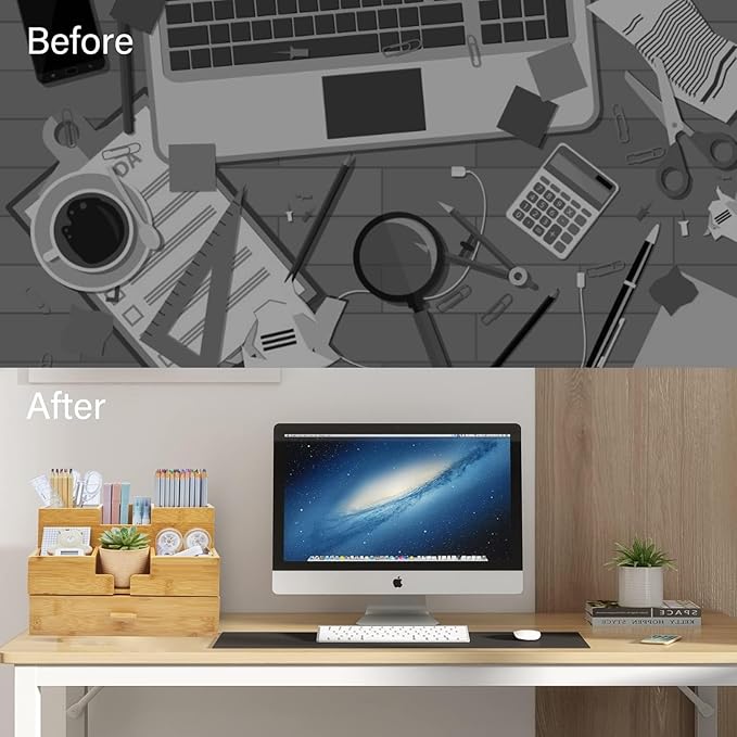 Bamboo Desk Organizer - Makeup & Pen Storage with Drawer & Pencil Holder for Office Organization