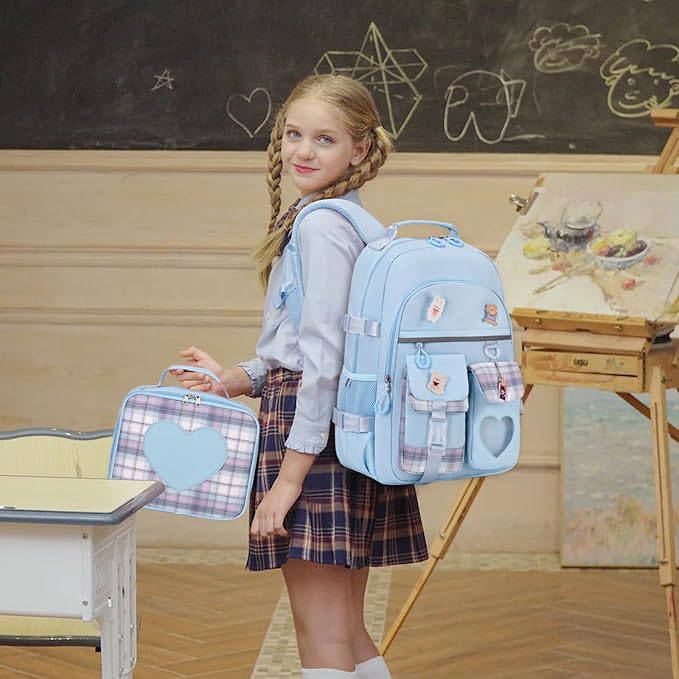 Backpack for Girls - Bookbag Backpacks Schoolbag for Girls Kids Teen Women Casual Travel Daypacks - School Bag Elementary Middle School College Cute Backpack with Lunch Box (Blue)