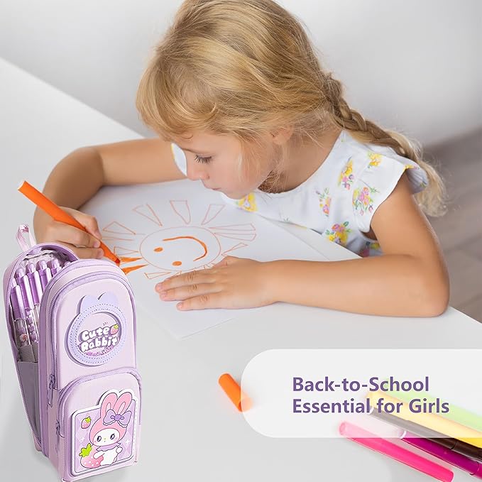 Pink Cute Pencil Case for Girls Boys & Women Large Zippered Pen Pouch Organizer with Aesthetic Design Kids School Supplies canvas Marker Bag Travel Stationery Box back to school gift (purplr)