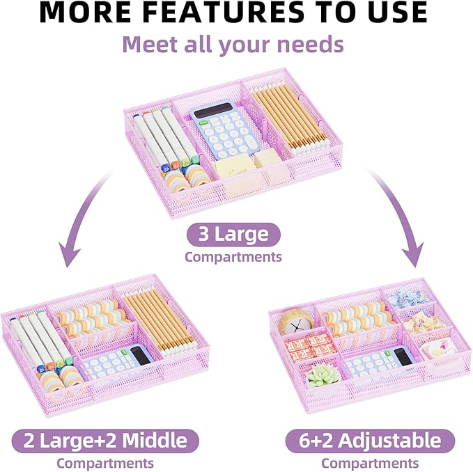 Marbrasse 2 Pack Desk Drawer Organizer, Mesh Drawer Organizer Tray with 8 Adjustable Compartments, Desk Organizers and Accessories, 5 Dividers Drawer for Office Supplies, Makeup & Vanity (Purple)