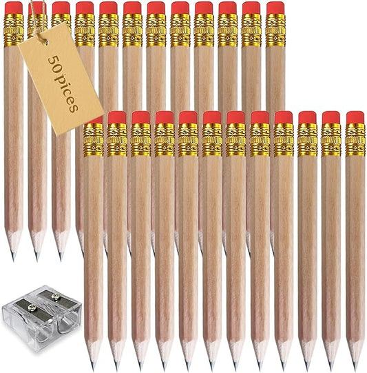 Adhere 50pcs Golf Pencils with Eraser Hexagon Wooden half Pencils Graphite 2B for Golf Event Scoring, Classroom, Wedding, Pew, Pocket | Free Pencil Sharpener (z-Nature・Hexagon・50pcs)