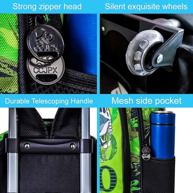 CCJPX 3PCS Dinosaur Kids Rolling Backpack Boys, School Bookbag with Wheels, Travel Roller Wheeled Backpacks for Toddler Elementary-Green
