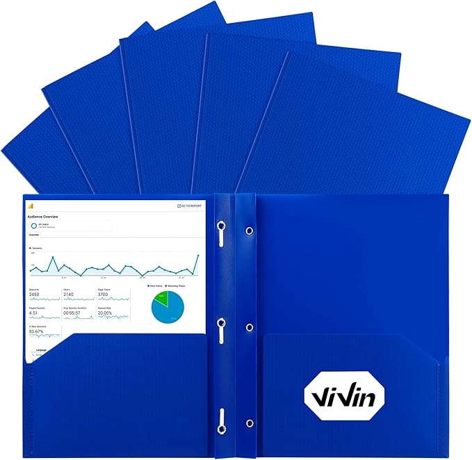 ViVin Sturdy Plastic Folder, 10 Pack, 2 Pocket Folder with Prongs, Holds Letter Size Paper, Poly File Plastic Folders with Pockets and Brads, for Teachers Students and Officer - Blue